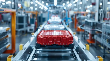 High capacity lithium ion battery module for the automotive electric vehicle sector over a conveyor belt manufacturing backdrop and space, Generative AI.