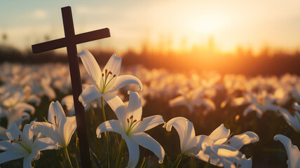 Christian cross with lily flowers outdoors at sunset. The Crucifixion of Jesus. - obrazy, fototapety, plakaty