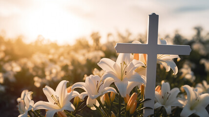 Christian cross with lily flowers outdoors at sunset. The Crucifixion of Jesus.