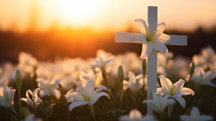 Christian cross with lily flowers outdoors at sunset. The Crucifixion of Jesus. - obrazy, fototapety, plakaty