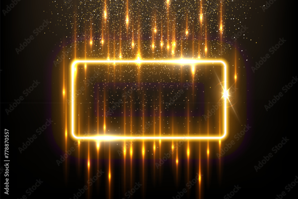 Wall mural gold rectangle shape border with flash rays and sparks vector illustration. realistic 3d shiny golde