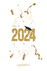 2023 graduation ceremony vertical banner. Award concept with academic hat, golden numbers, ribbons, confetti and text isolated on white background