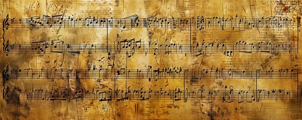 Fototapeta premium Panoramic image of aged, parchment music paper with handwritten musical notations