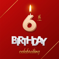 Birthday 6 number candles with fire for anniversary cake vector illustration. 3D realistic beige wax numbers ten with candlelight, white and gold font on red background for invitation, greeting card