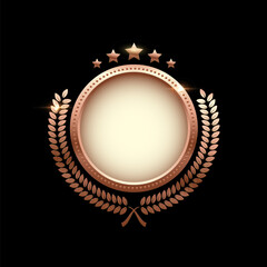 Bronze shiny circle medal, laurel wreath with stars vector illustration. Chrome shining round badge prize for winner, award trophy nominee luxury symbol, nomination reward emblem on black background