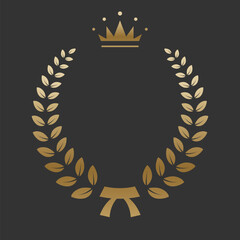 Realistic gold laurel wreath with golden crown. Premium insignia, traditional victory symbol on black backdrop. Triumph, win poster, banner layout , shiny frame, border