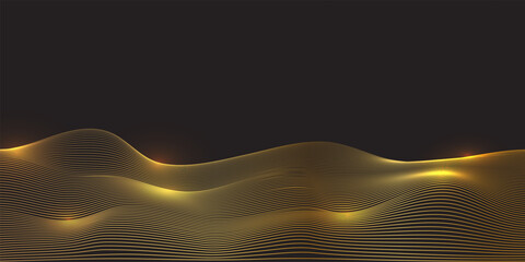 Gold sand dunes, line geometric landscape vector illustration. Abstract minimal zen pattern of waves or peaceful hills, natural panorama with golden luxury texture on black background
