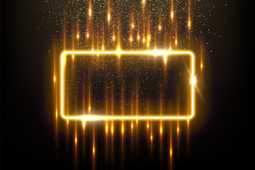 Gold rectangle shape border with flash rays and sparks vector illustration. Realistic 3D shiny golden frame with edges and fiery flare, precious jewelry and abstract star dust glow on black background