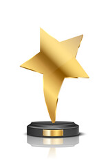 Award trophy with gold star shaped prize statue on white background. Champion glory in competition vector illustration. Hollywood fame in film, first place, contest winner golden symbol - obrazy, fototapety, plakaty