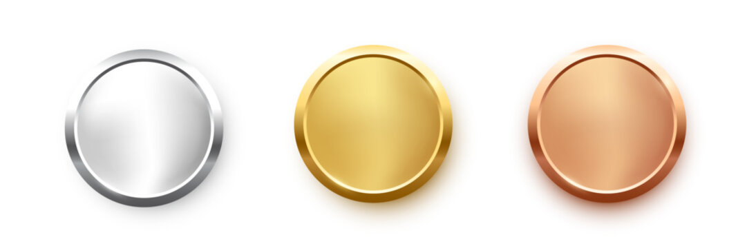 Award golden, silver and bronze blank medals 3d vector realistic illustration. First, second and third place medals or buttons isolated on white background. Quality blank, empty badge, emblem set