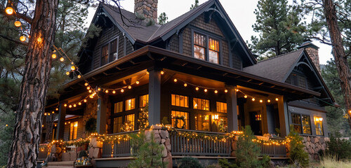 Tucked away among towering pine trees is a quaint craftsman-style cottage with a wrap-around porch decked out in sparkling fairy lights