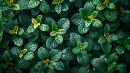 A close up of green leaves with a yellowish tint. The leaves are arranged in a way that creates a...