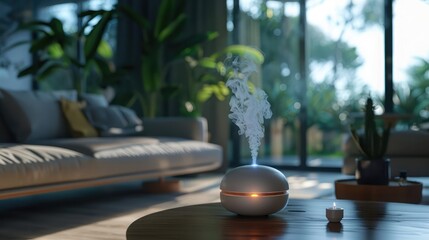 A digital scent diffuser in a modern home, releasing a calming scent into the air, - obrazy, fototapety, plakaty