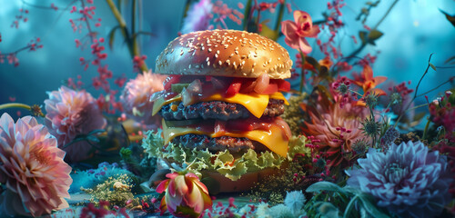A hamburger arranged in a floral arrangement in the solarization style; blue, dazzling hues,...