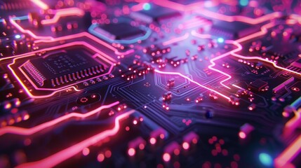 A close-up shot of a circuit board, where electric currents are dynamically highlighted with neon colors, showcasing the flow of energy through the detailed landscape of electronic components.