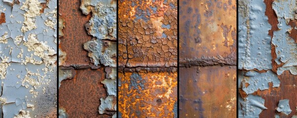 Aged rusty metal panels with peeling paint texture