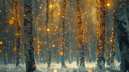   A vast forest brims with towering trees, cloaked in snow and adorned with vibrant yellow and white rain flecks
