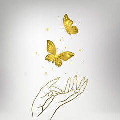 Female Hands with Golden Butterflies