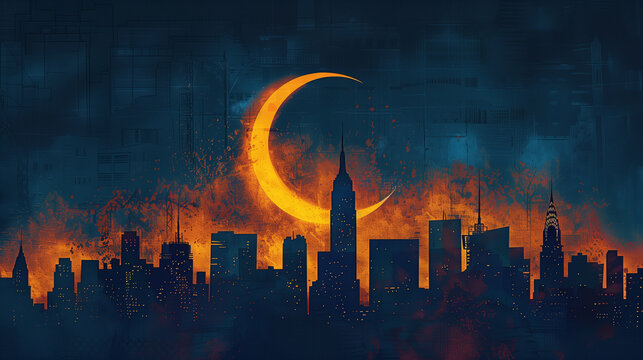 Eclipse city skyline wallpaper, silhouette. day become night