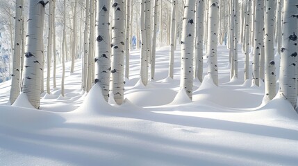   A snowy forest features a group of tall trees, while a lone figure on a snowboard glides in the background