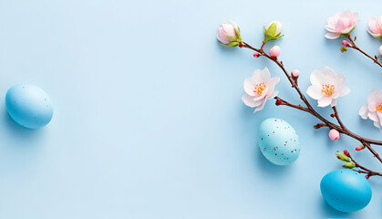 easter eggs with flowers on light blue color background