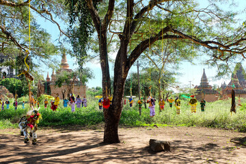 The magical town, Bagan with million of stupa and pagoda spreading across the green field  - obrazy, fototapety, plakaty