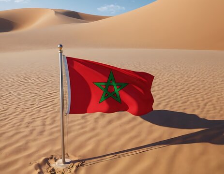 Desert Road with Moroccan Flag in Western Sahara Leading to Tourist Resort