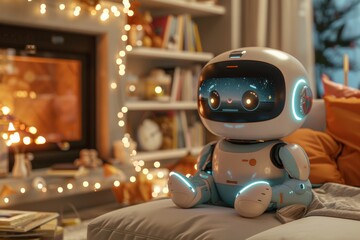 a charming robot with a cosmic display on its face, sitting in a festively decorated living room