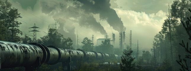Industrial pipes belching out toxic fumes, encircling trees slowly withering under the pollution