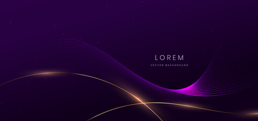 Fototapeta na wymiar Abstract purple wave lines glowing on dark purple background with copy space for text. Luxury design style.