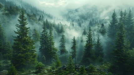   A forest shrouded in thick fog, blanketed by layers of smog - obrazy, fototapety, plakaty