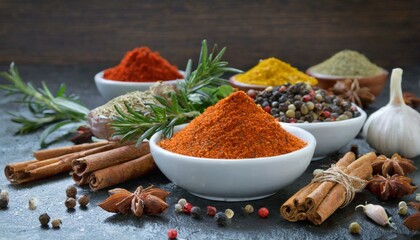 Culinary Harmony: Assorted Spices Displayed on Stone Surface