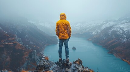   A yellow-jacketed person stands atop a cliff, gazing out over a waterbody and snowy mountains in the background - obrazy, fototapety, plakaty