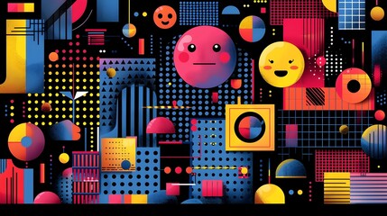 Playful Cyber Sentiment Expressed Through Vibrant Geometric Emoji Icons in Abstract Digital