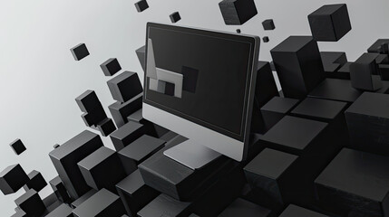 computer mockup floating in geometric black forms , minimalist, futuristic, clean