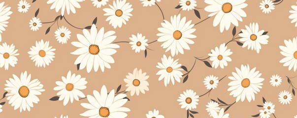 Fototapeta na wymiar Beige and white daisy pattern, hand draw, simple line, flower floral spring summer background design with copy space for text or photo backdrop 
