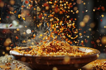 Vibrant and lively setup of chili flakes and mustard seeds, Rustic bowl overflows with grains and spices; vivid explosion of textures and colors animates the scene.