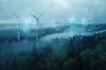 Turbines stand amidst forest, digital overlays hint at sustainable energy future in misty landscape. Windmills rise, virtual grids and data merge with nature, symbolizing eco-friendly power amidst fog