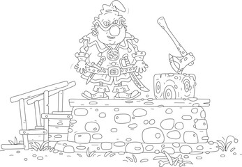 Angry executioner with a wicked grin near an execution block with an ax and a big stump prepared for execution of condemned, black and white vector cartoon illustration for a coloring book