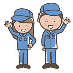 元気に挨拶をする作業着姿の男女作業員（清掃員）のイラスト