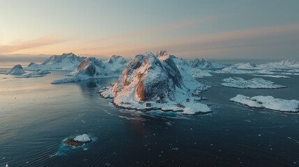   A cluster of icebergs bobbing atop a vast expanse of water