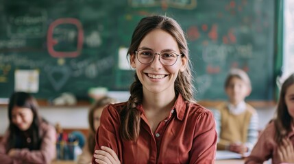 Portrait of smiling female teacher standing in front of students in classroom