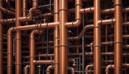 A dense configuration of shiny copper pipes showcases the detail and precision of modern industrial plumbing installations.