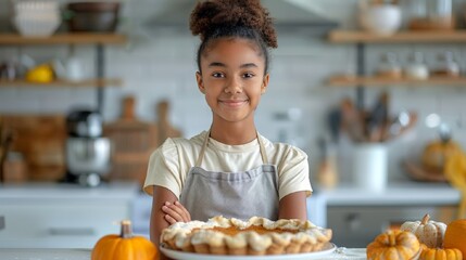 A cute african american Girl with a large pumpkin pie on the background of a light rustic kitchen. A Thanksgiving card. Traditional seasonal autumn pumpkin desserts. 