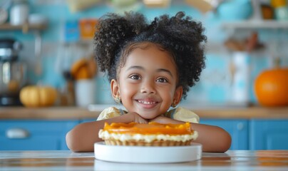 A cute african american little Girl with a large pumpkin pie on the background of a light rustic kitchen. A Thanksgiving card. Traditional seasonal autumn pumpkin desserts. 