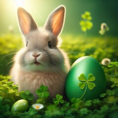 Close-up illustration of a beautiful rabbit and egg in a garden with beautiful clover plants and some flowers in a blurred background