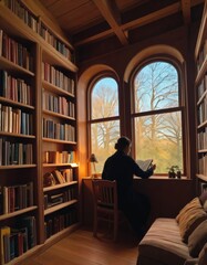 Natural light floods a home library where a woman reads by tall windows overlooking autumn trees