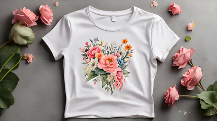 White women tshirt mockup with spring flowers on concrete background. Design t shirt template.generative.ai