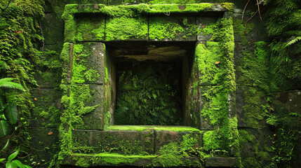 Mosscovered stone wall surrounding a vibrant green and perfectly symmetrical square - obrazy, fototapety, plakaty