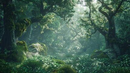 An enchanted forest inhabited by mythical creatures and ethereal beings, with ancient trees whispering secrets and magical glades bathed  - obrazy, fototapety, plakaty